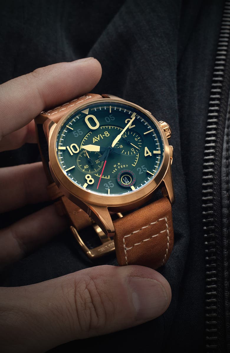 AVI-8 Spitfire Lock Green Dial Chronograph Leather Strap Watch, 42mm, Alternate, color, Green