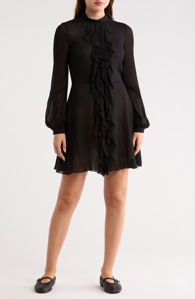 Longchamp Ruffle Long Sleeve Dress, Main, color, Black