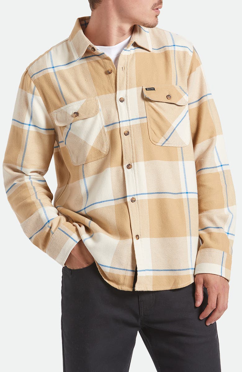 Brixton Bowery Plaid Flannel Button-Up Shirt, Main, color, Whitecap/ Sand/ Cyber Blue