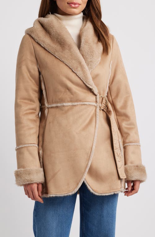 Via Spiga Faux Shearling Hooded Coat in Camel Beige 