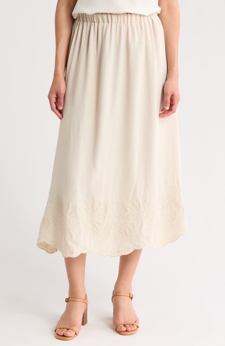 Adrianna Papell Floral Embroidered Midi Skirt, Main, color, Bamboo Wood