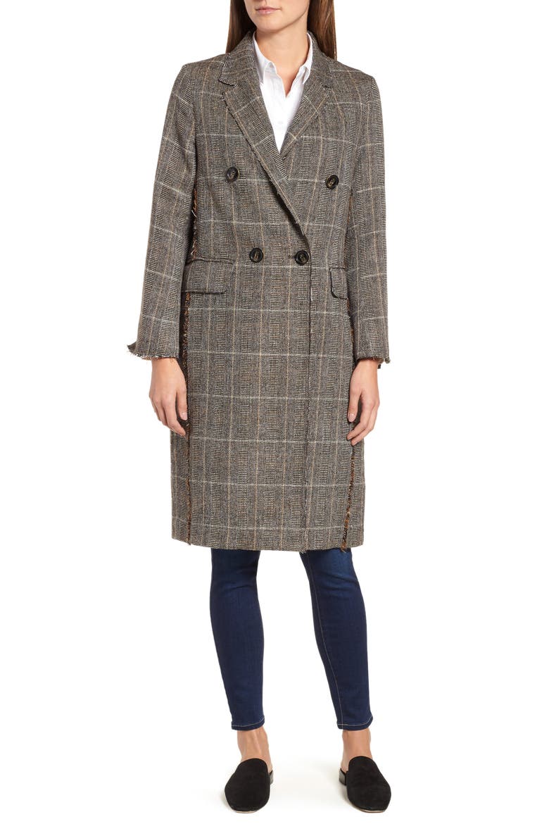 Double Breasted Plaid Coat, Alternate, color, BROWN