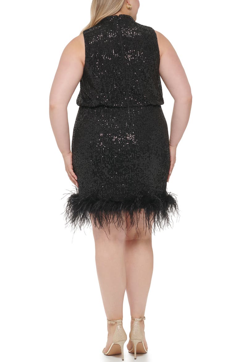 Sequin Halter Sheath Dress with Ostrich Feather Trim, Alternate, color, BLK