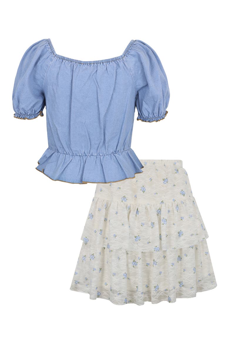 Kids' Smocked Top & Tiered Skirt Set, Alternate, color, BLUE/ IVORY