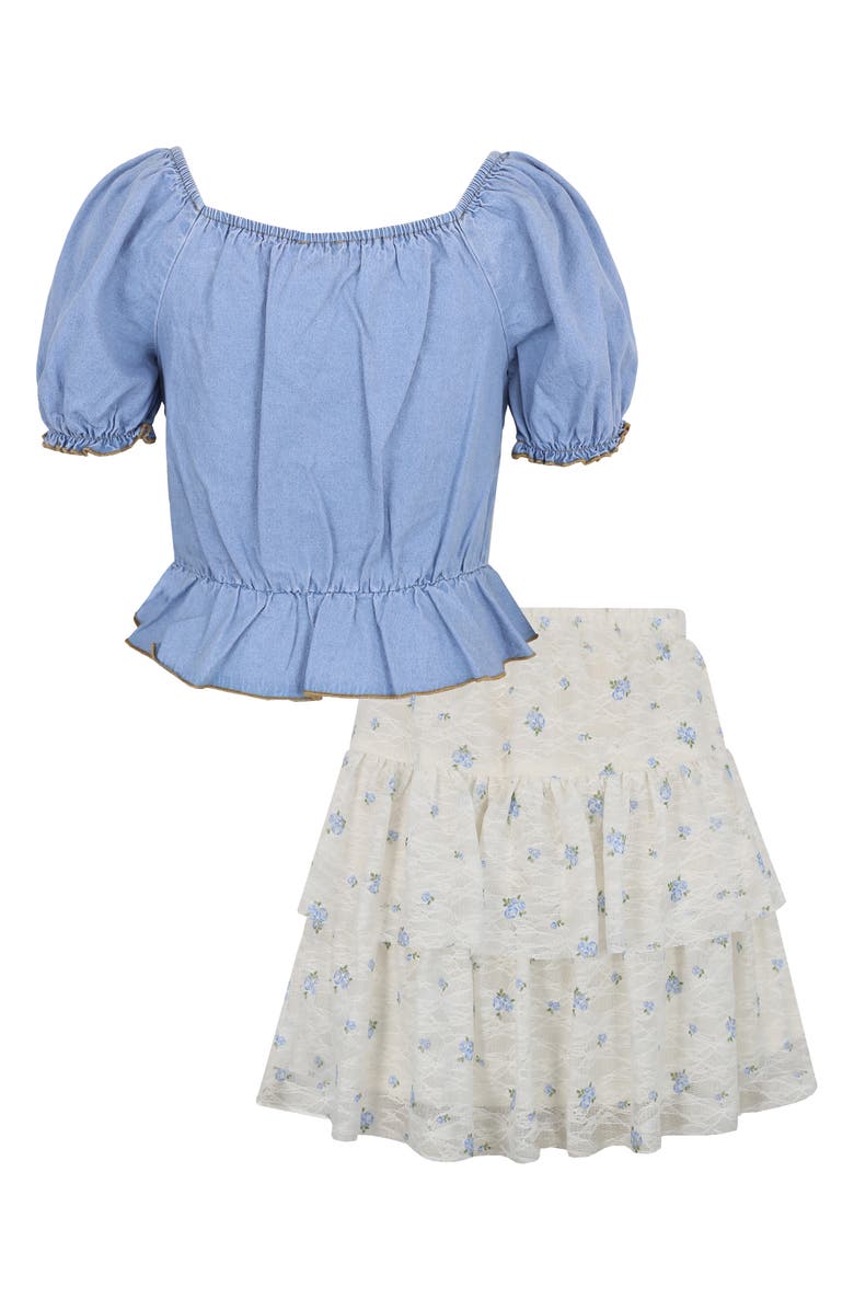 Zunie Kids' Smocked Top & Tiered Skirt Set, Alternate, color, Blue/ Ivory