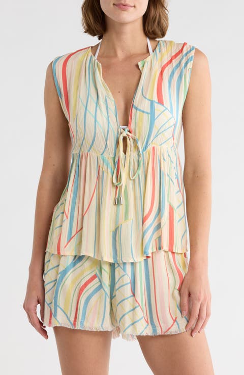 Stripe Tie Front Cover-Up Tank