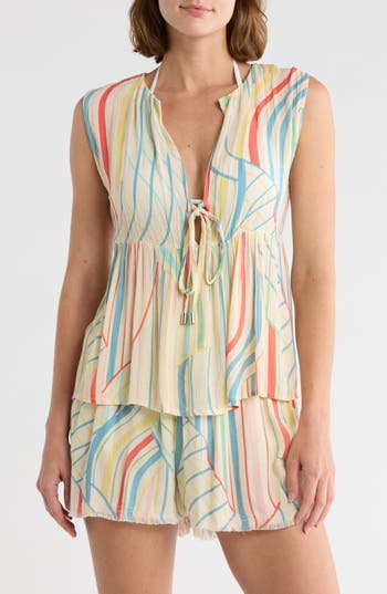 Elan Stripe Tie Front Cover-up Tank In Multi