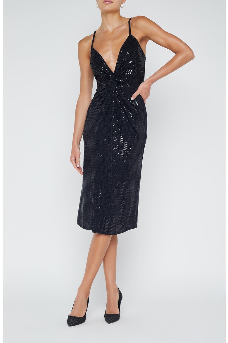 Chatou Twist Front Shimmer Dot Dress, Main, color, BLACK