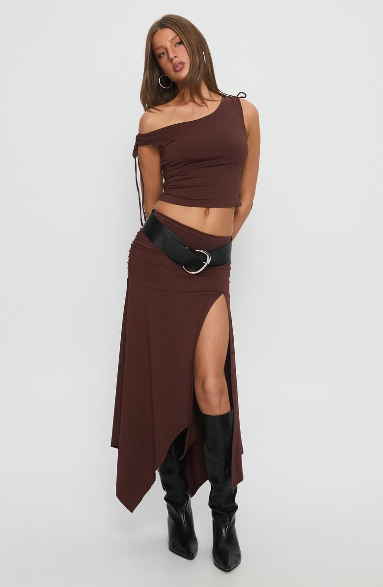 Princess Polly Azlynn One-Shoulder Crop Top & Handkerchief Hem Maxi Skirt Set, Alternate, color, Brown