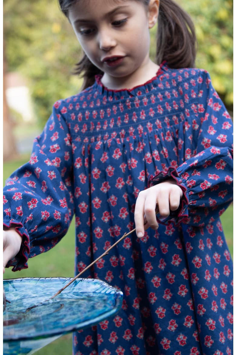 Girls' Smocked Long Sleeves Dress | Red and Navy, Alternate, color, Blue
