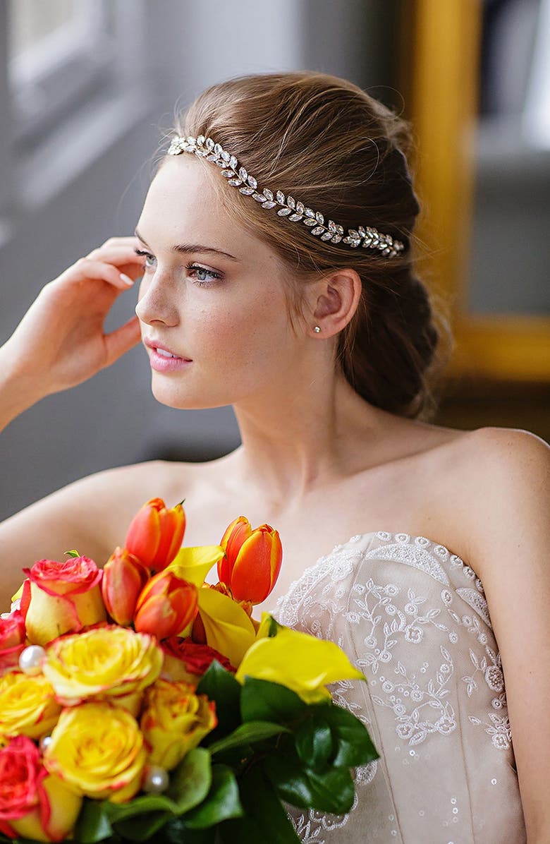 Brides & Hairpins Alegra Crystal Leaf Halo & Sash, Alternate, color,