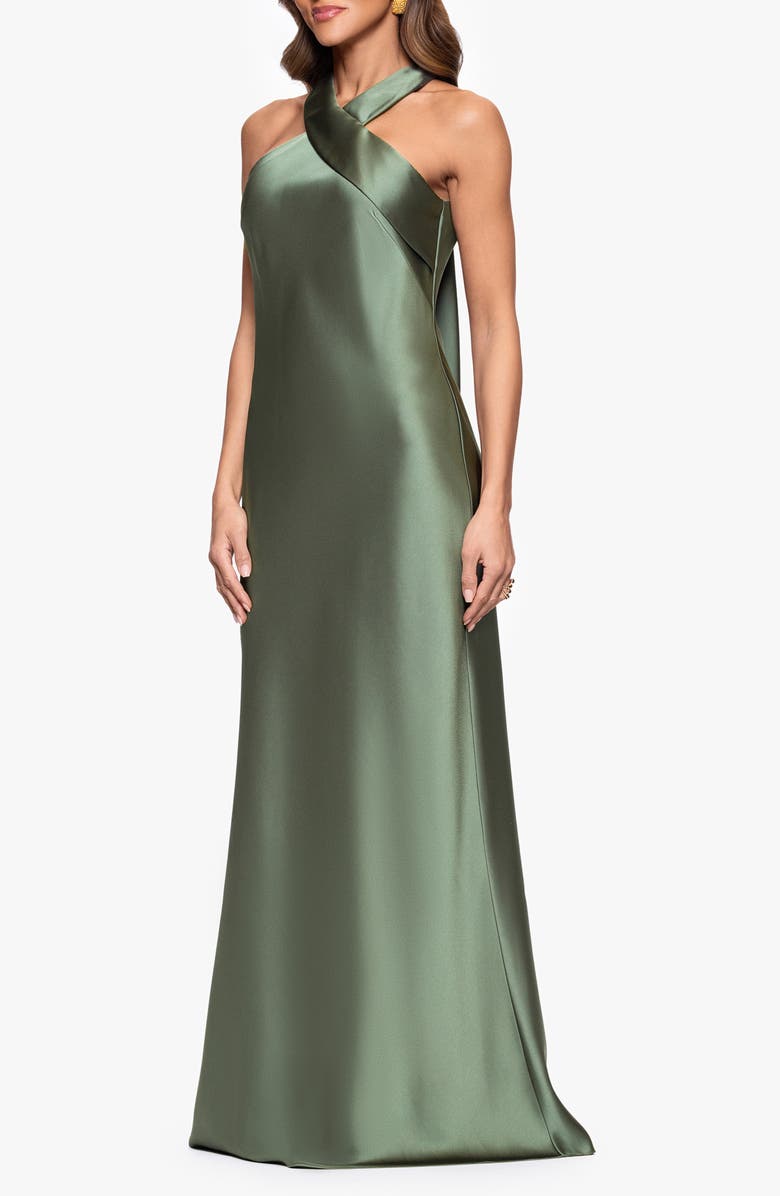 Xscape Evenings Halter Neck Satin Trumpet Gown, Alternate, color, Olive