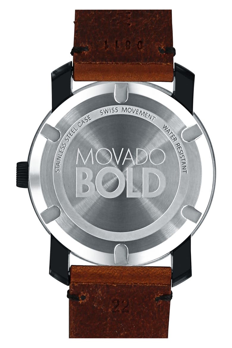 'Bold' Leather Strap Watch, 42mm, Alternate, color, BLACK