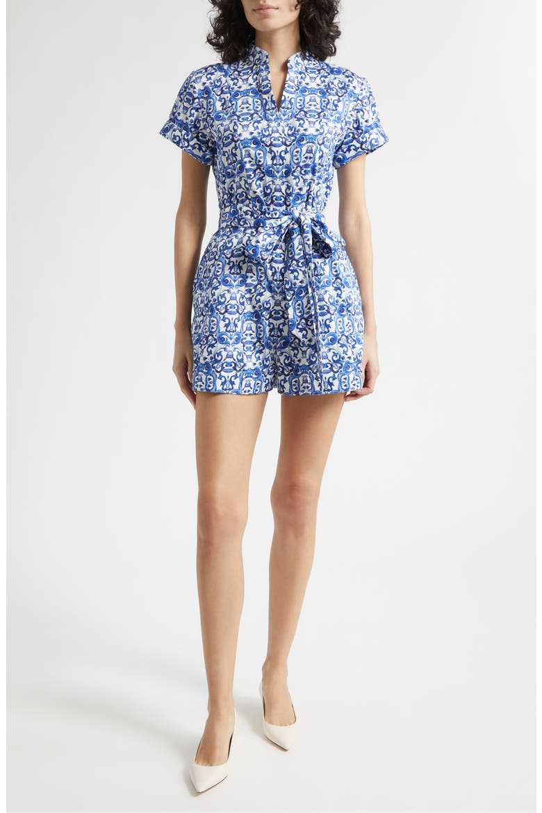 Lucy Baroque Print Belted Stretch Cotton Romper, Main, color, SOLSTICE