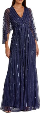 Mac Duggal Sequin Beaded Stripe Cape Sleeve V-Neck Gown