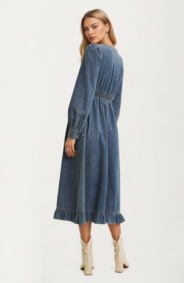 Knit and Lounge Long-Sleeve Denim V-Neck Ruffle-Hem Midi Dress, Alternate, color, 