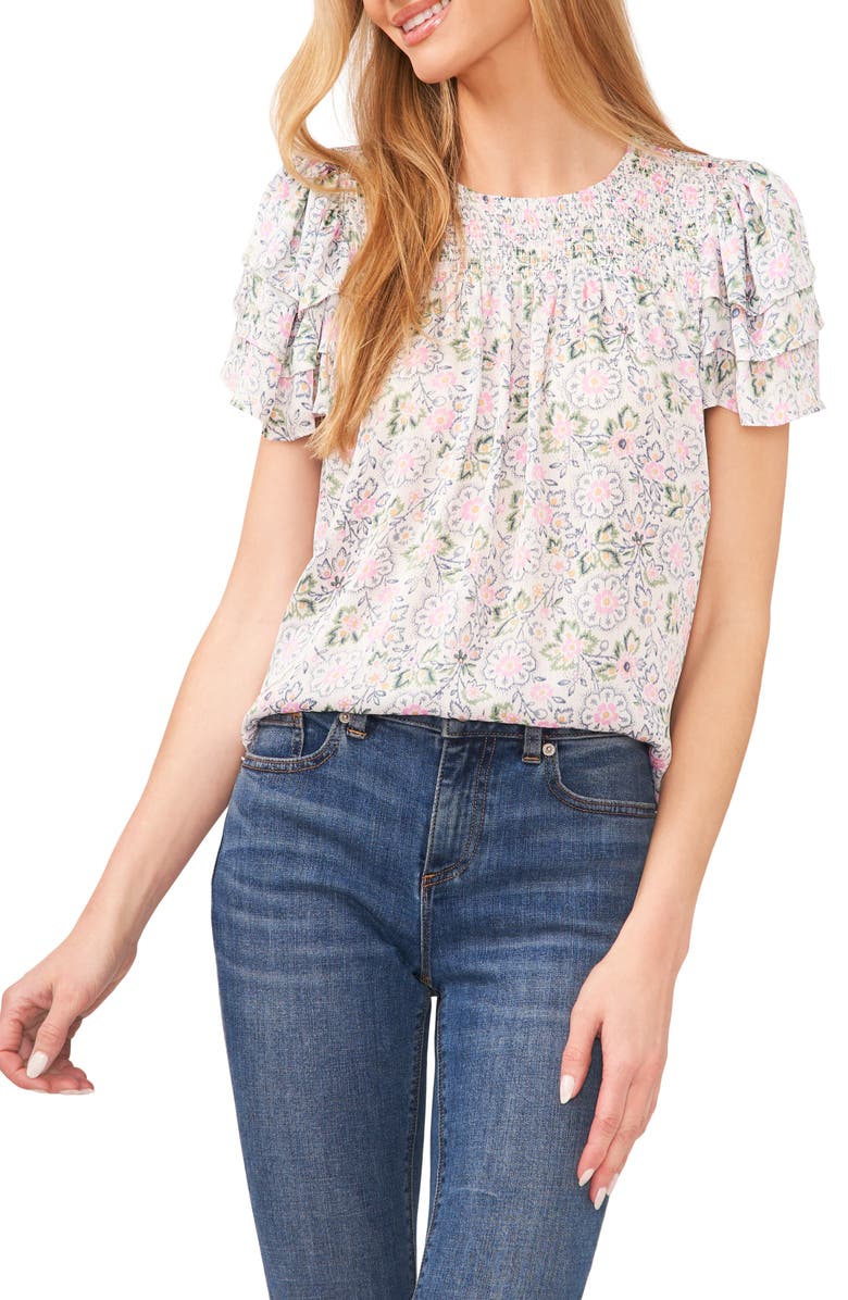 CeCe Floral Smocked Tiered Sleeve Top, Main, color, 
