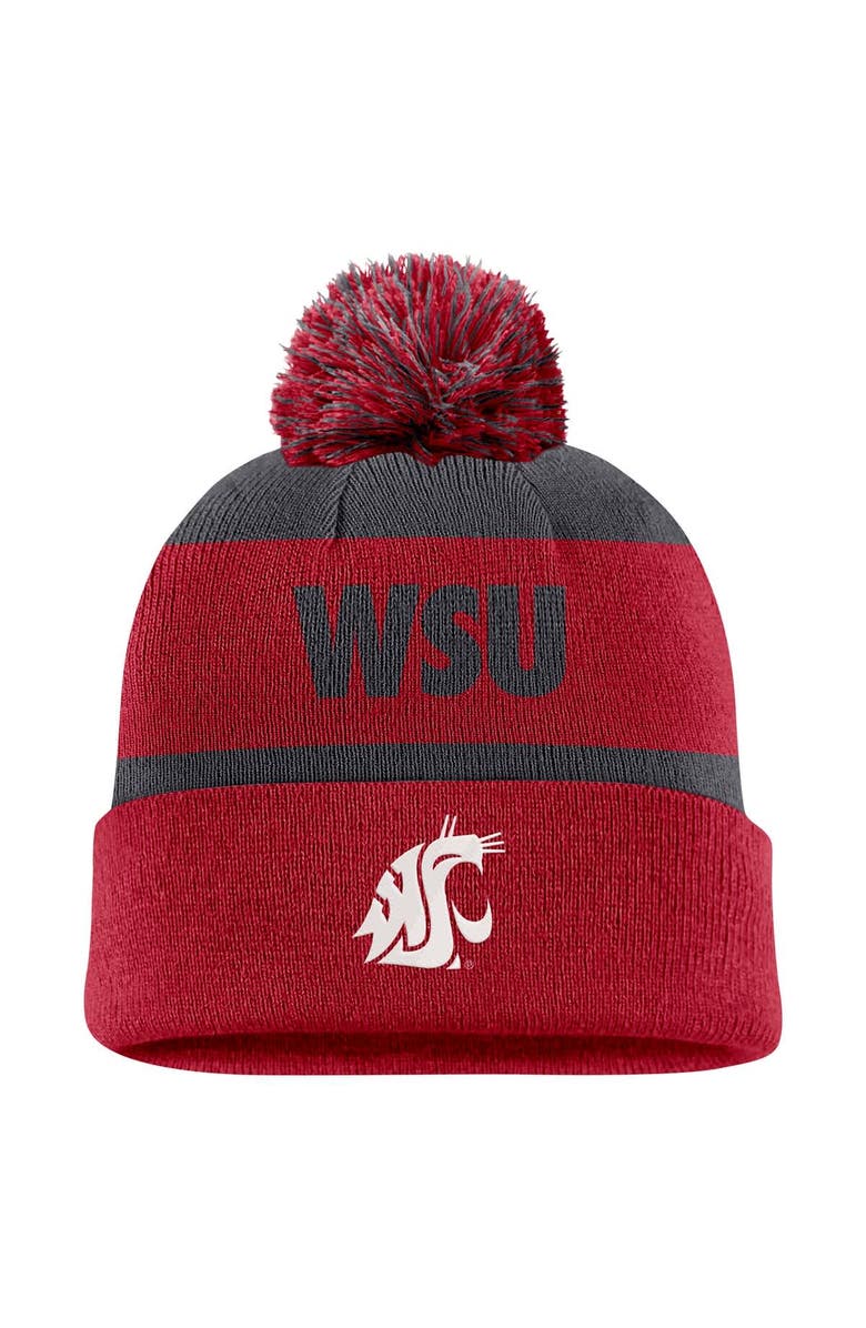 Nike Men's Nike Charcoal/Crimson Washington State Cougars Peak Stripe Cuffed Knit Hat with Pom, Main, color,