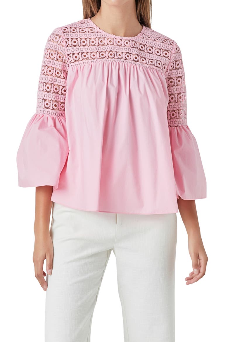 Bell Sleeve Lace Poplin Blouse, Alternate, color, PINK