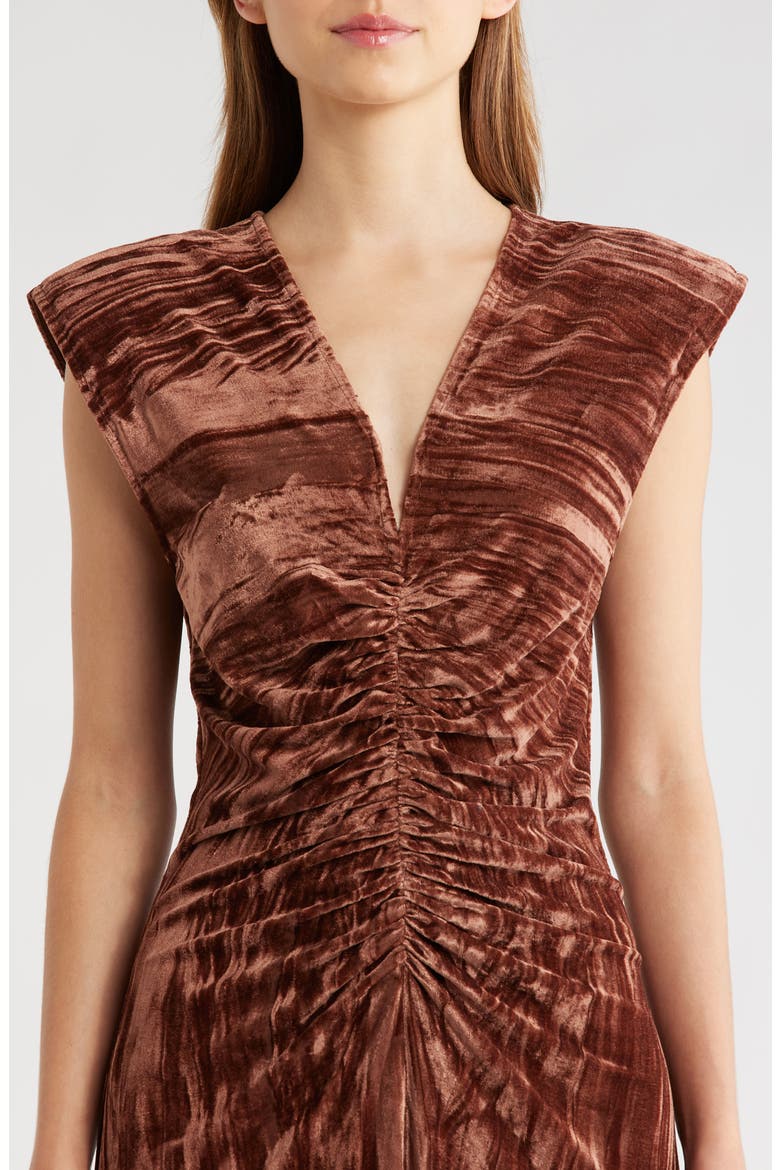 Daisha Ruched Velour Midi Dress, Alternate, color, BROWN
