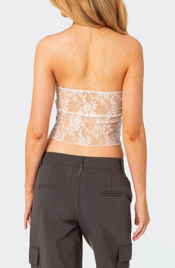 EDIKTED Twilight Split Front Lace Strapless Top | Nordstrom