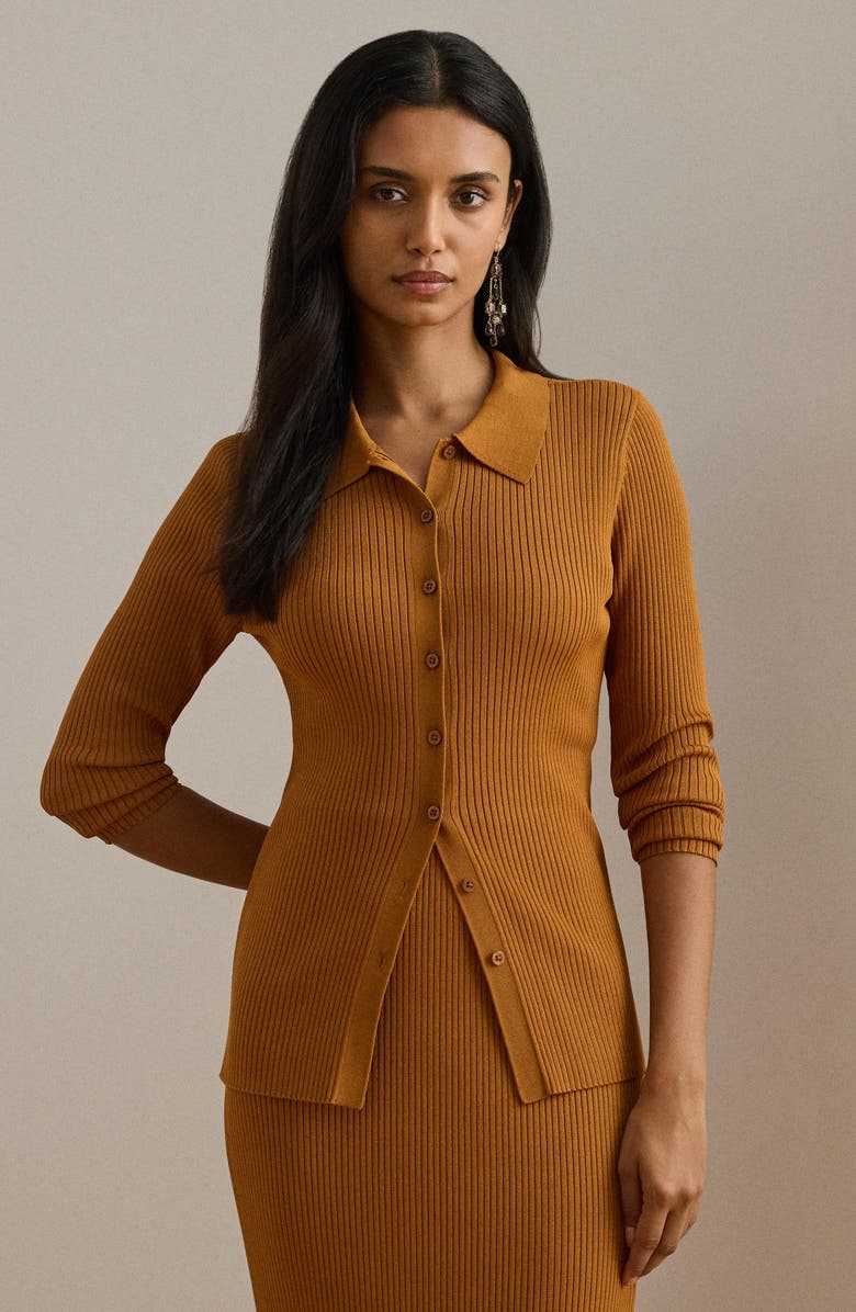 Lauren Ralph Lauren Rib Collared Cardigan, Alternate, color, Cinnamon Bark