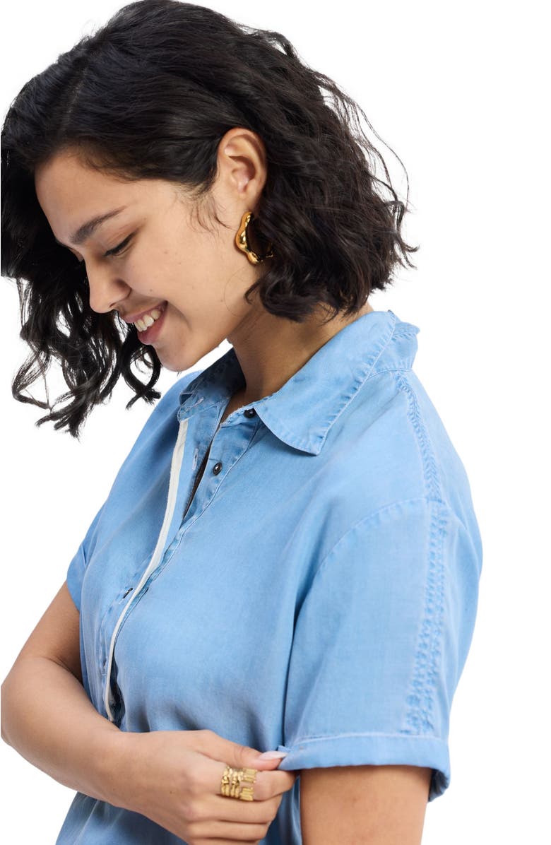 Reistor Drawstring Denim Shirt Dress with Front Buttons in Blue, Alternate, color, Ocean Blue