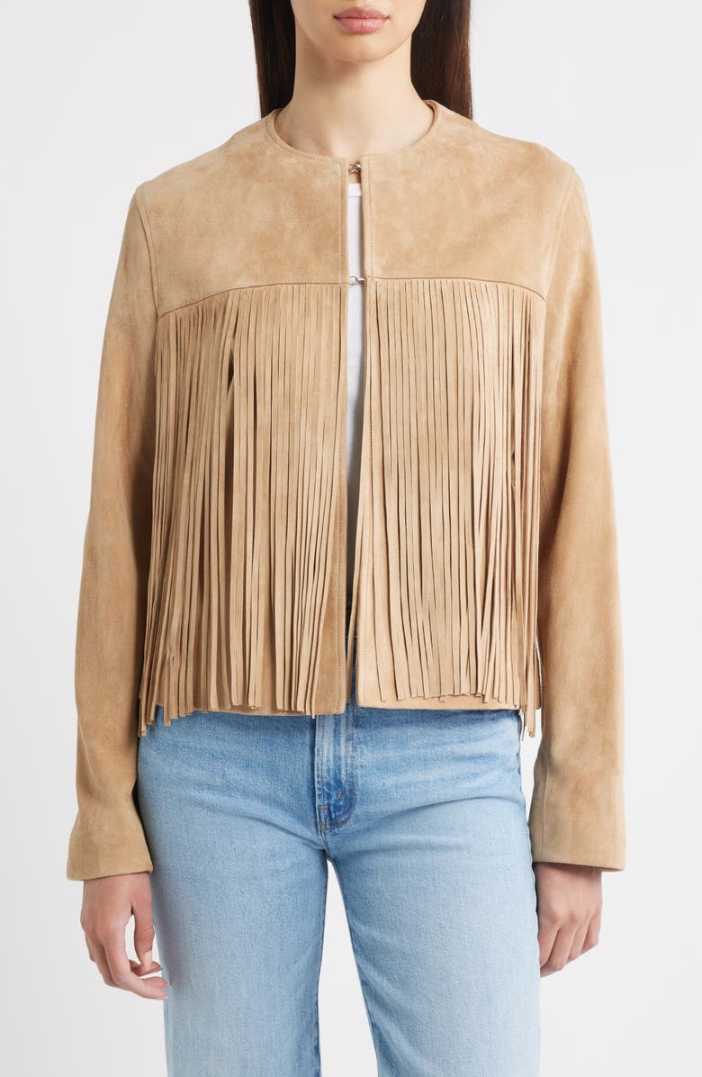 Fleurette Chloe Suede Fringe Jacket, Main, color, Camel