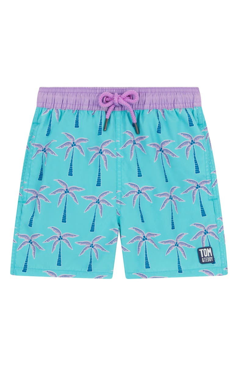 Tom & Teddy Kids' Palm Swim Trunks, Main, color, Aqua And Violet