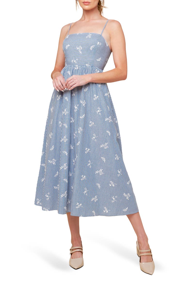 Embroidered Stripe Midi Dress, Main, color, IVORY BLUE