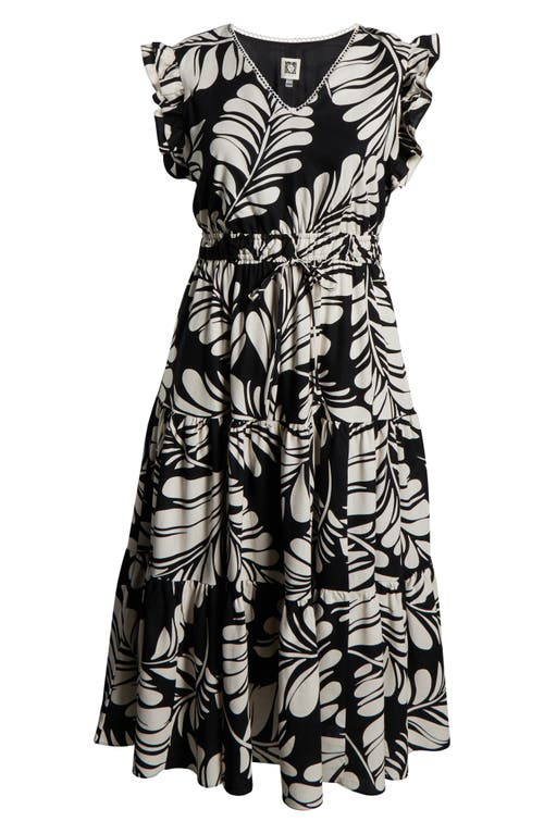 Anne Klein Leaf Print Ruffle Tie Waist Midi Dress