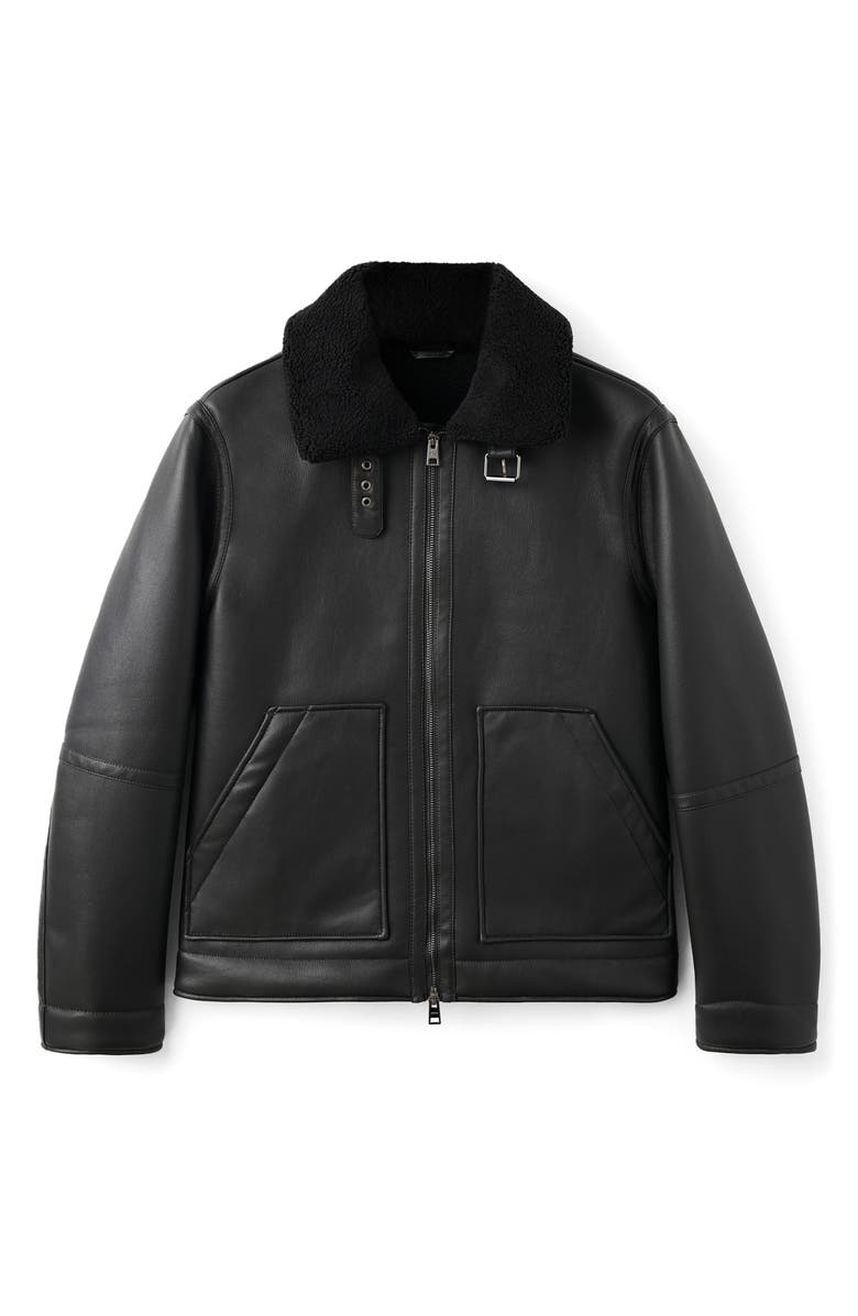 MANGO Fleece Lined Faux Leather Bomber Jacket, Alternate, color, Black