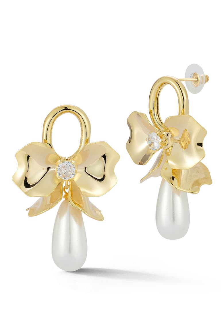 Faux Pearl Bow Drop Earrings, Main, color, GOLD