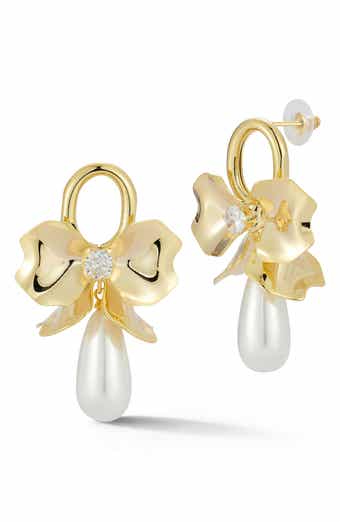 Faux Pearl Bow Drop Earrings