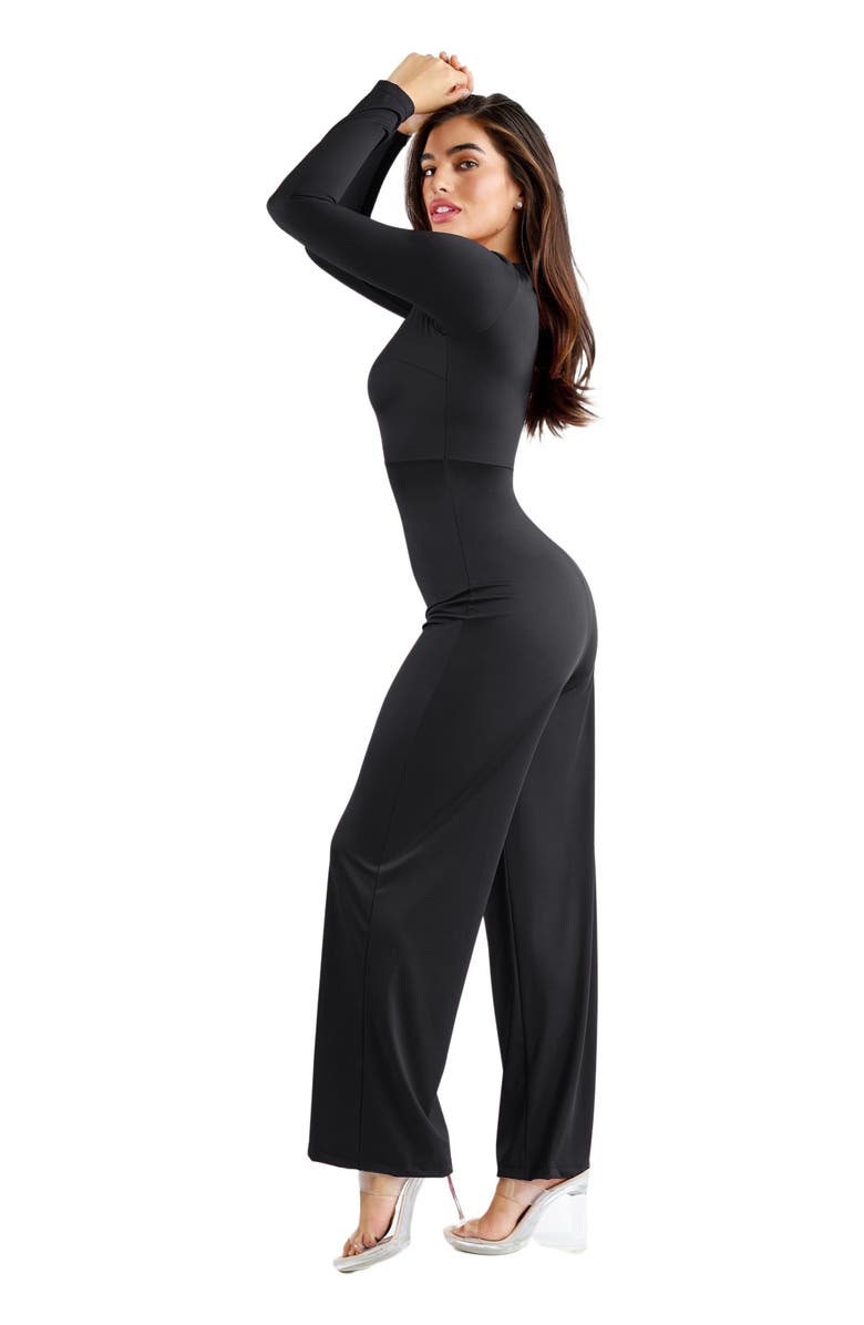 Popilush Shapewear Long Sleeve Square Neck Slimming Wide Leg Jumpsuit, Alternate, color, Midnight Black
