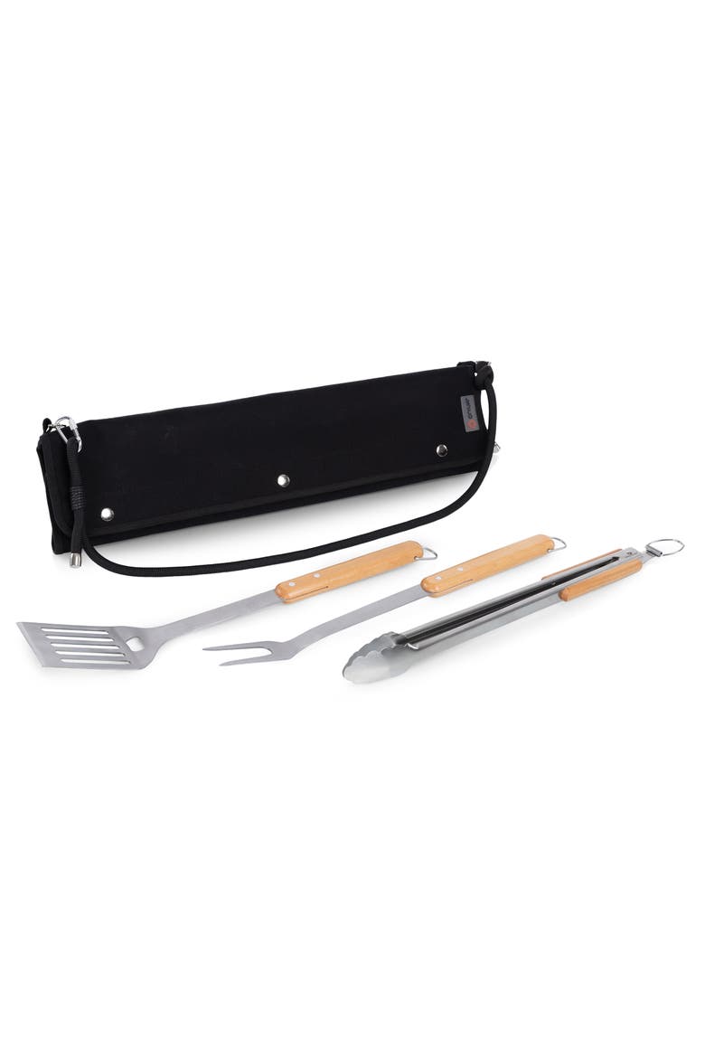 BBQ Roll Up 3 Piece Set - Green Canvas with Beechwood Tools, Main, color, Black