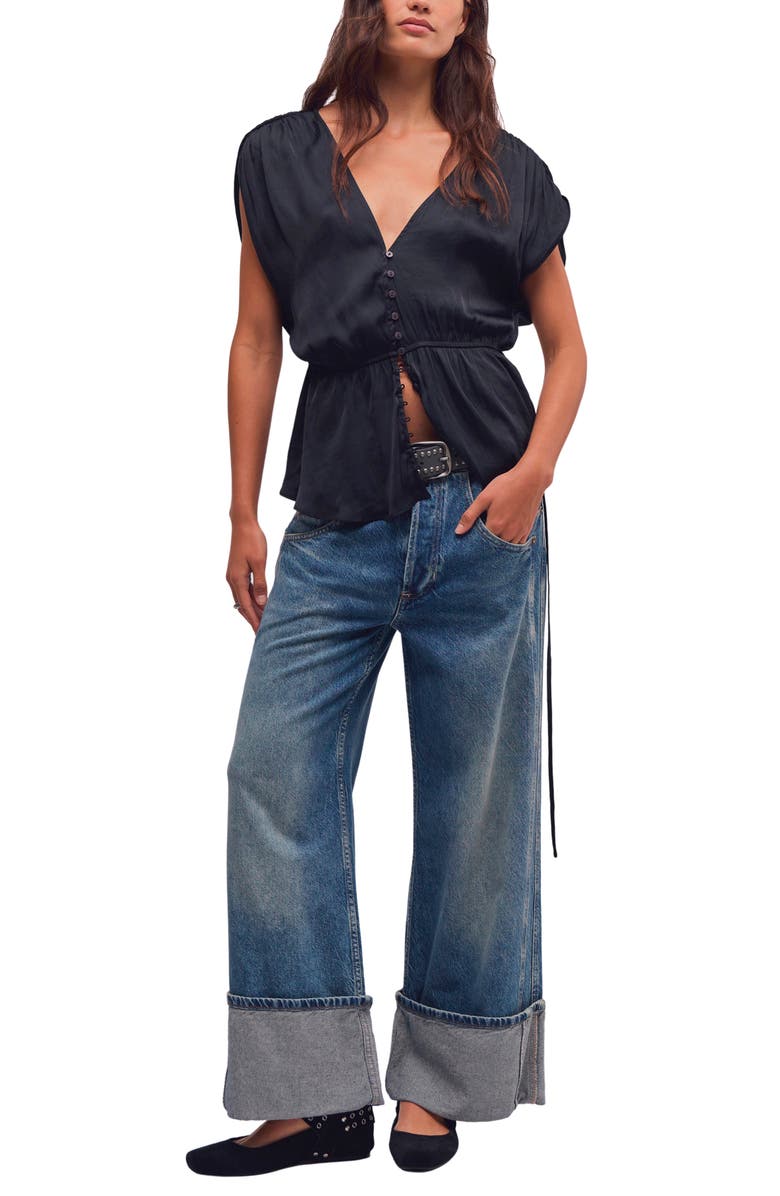 Free People Ash Button-Up Peplum Top, Alternate, color, Black