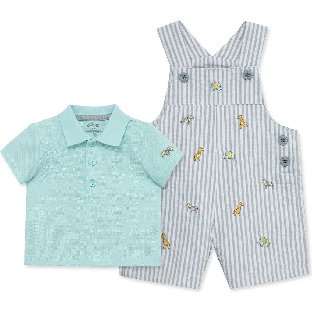 Shop Little Me Safari Cotton Polo & Seersucker Overalls Set In Grey