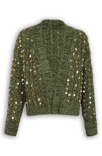 Saachi Sequin & Rhinestone Open Front Cardigan In Green