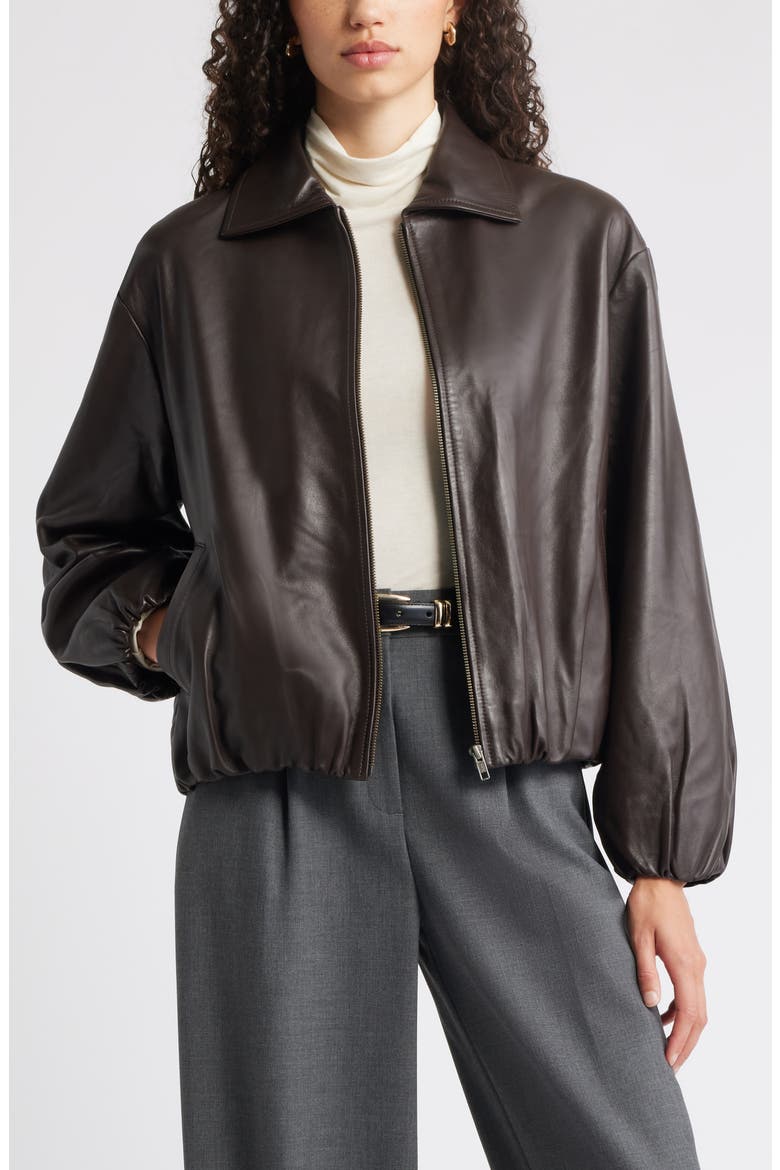 Bubble Hem Leather Jacket, Main, color, BROWN TORTE