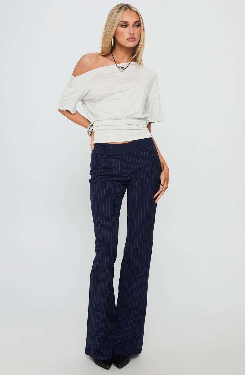 Princess Polly Kinkirk Pinstripe Low Rise Flare Pants, Alternate, color, Navy Pinstripe