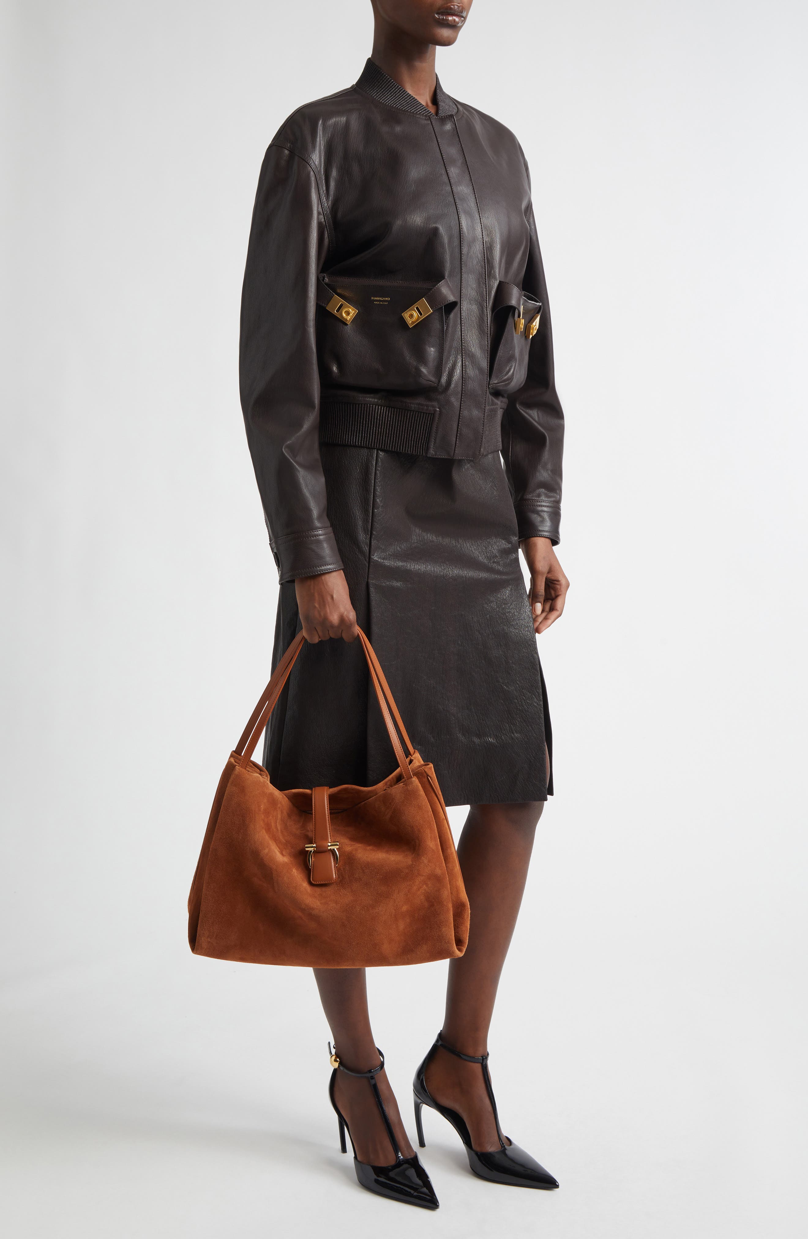 FERRAGAMO Medium Lily Suede Tote, Alternate, color, Natural Resort