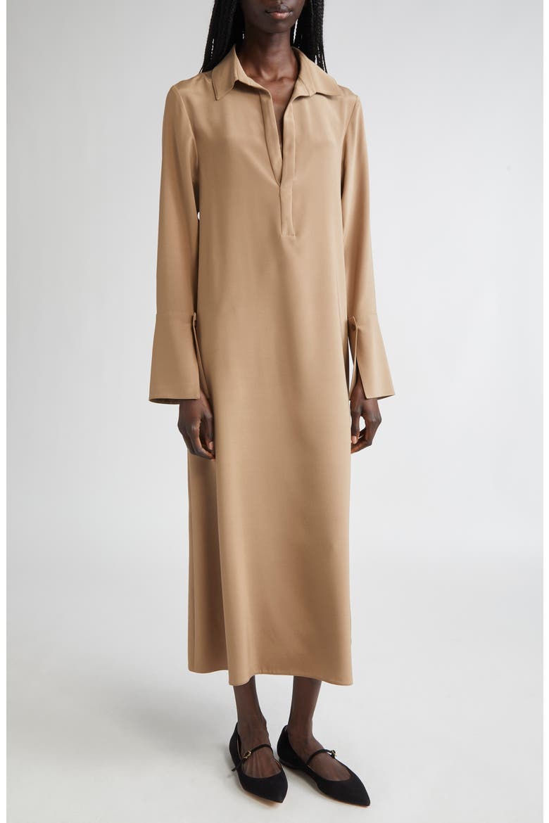 Ossola Long Sleeve Silk Stretch Crêpe de Chine Midi Shirtdress, Main, color, HAZELNUT BROWN