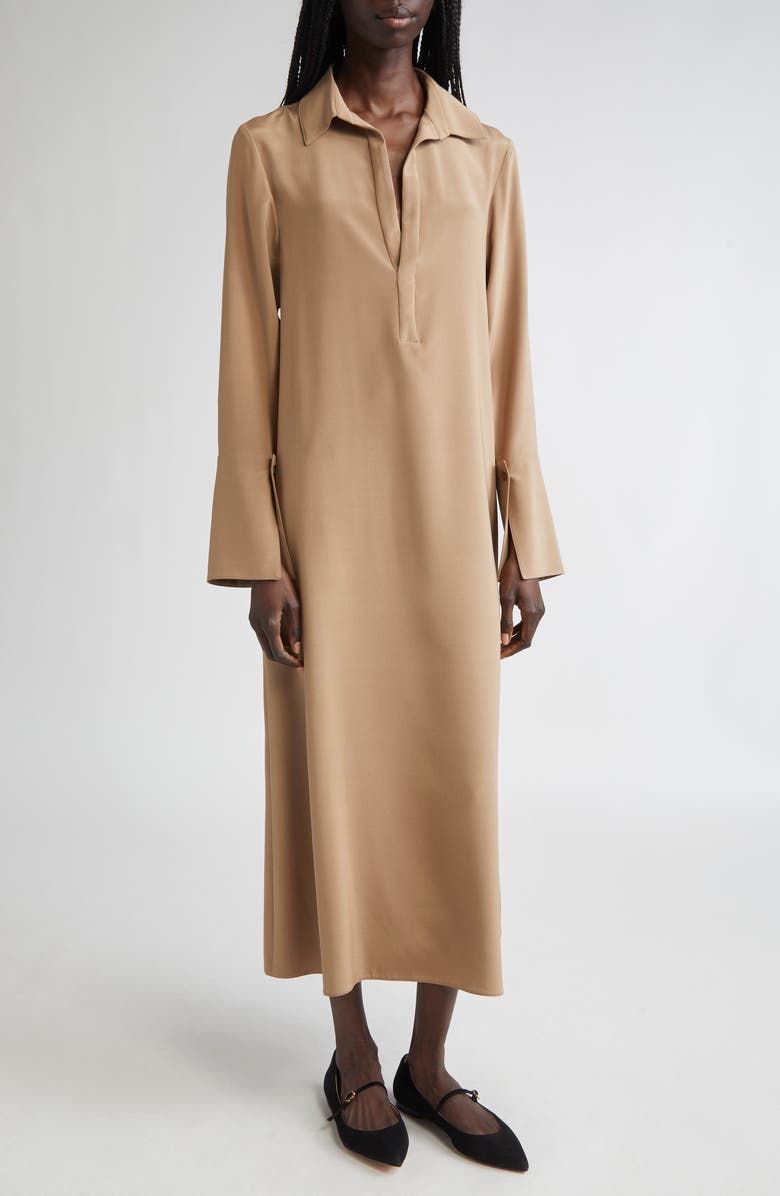 Max Mara Ossola Long Sleeve Silk Stretch Crêpe de Chine Midi Shirtdress, Main, color, Hazelnut Brown