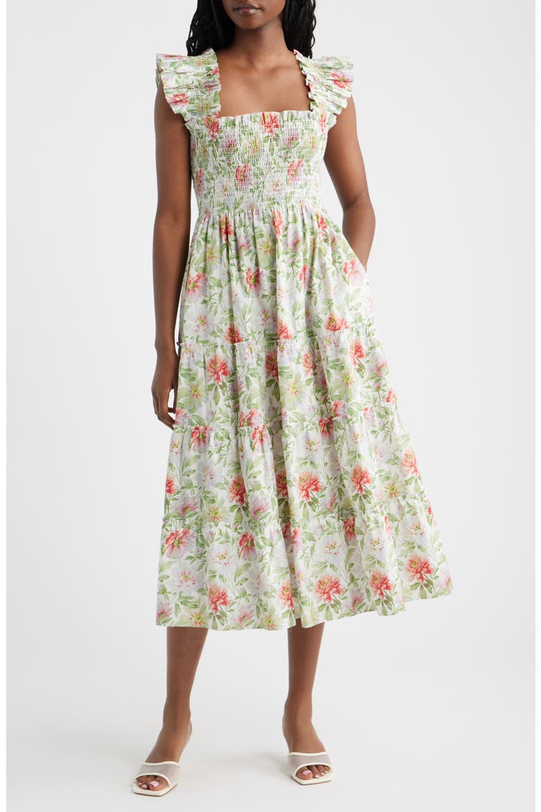 The Ellie Floral Flutter Sleeve Nap Midi Dress, Main, color, PEONY CHINTZ
