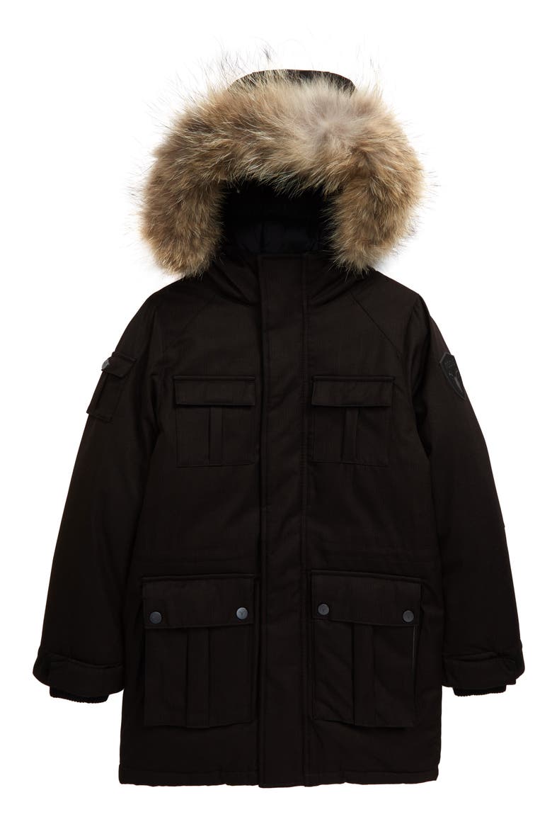 Lil Kimmarut Hooded Down Parka with Removable Genuine Coyote Fur Trim, Main, color, BLACK