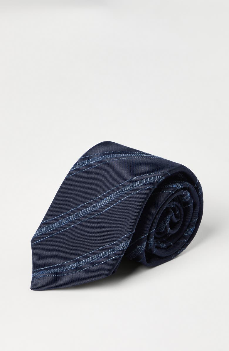 Brunello Cucinelli Silk and cotton tie, Alternate, color, Navy Blue