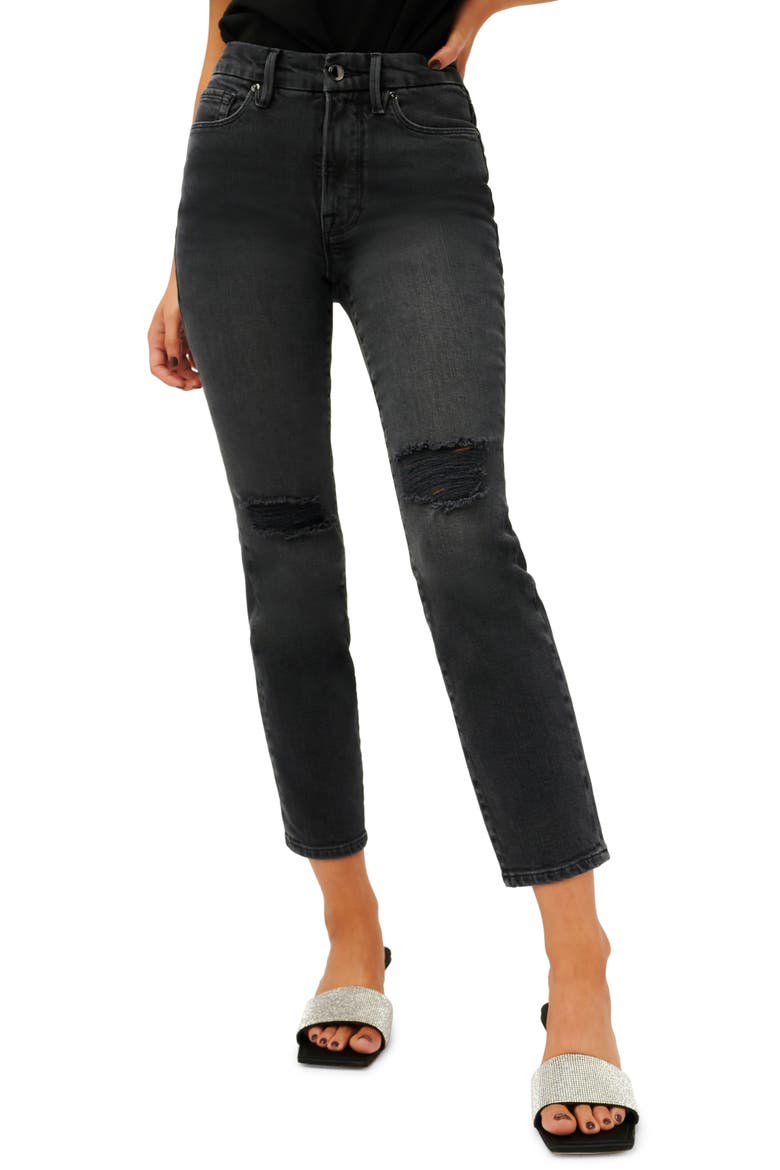 Good Classic High Waist Raw Hem Jeans, Main, color, BLACK237