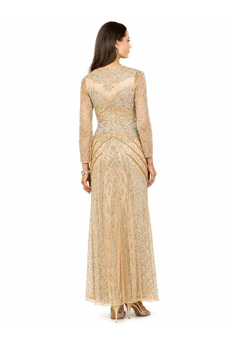 Illusion Neck, Long Sleeve Beaded Gown, Alternate, color, Nude/Multi