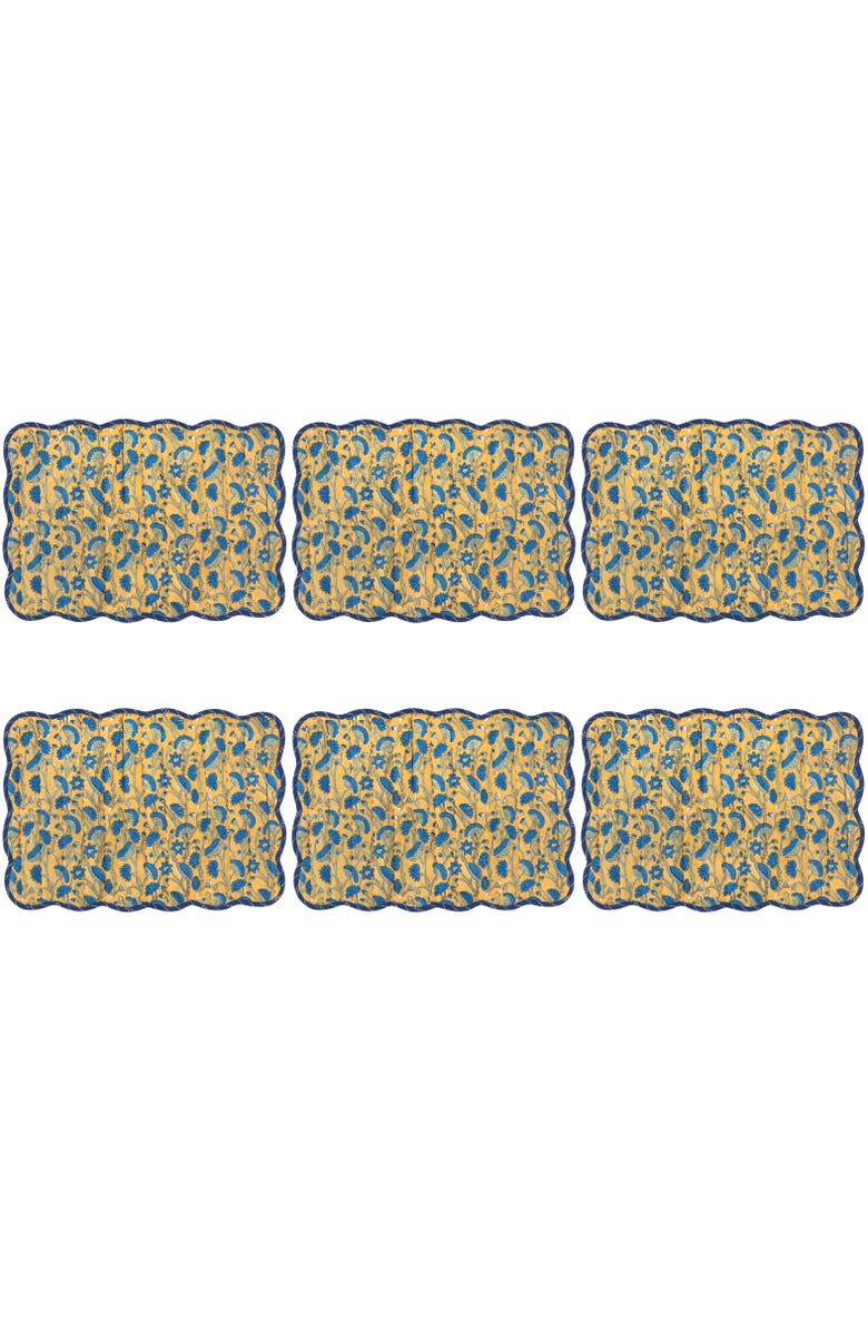 Danica Brands Fan Flower Block Print Kantha Placemat - Set of 6, Main, color, Blue